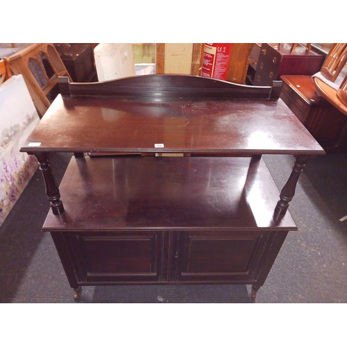 314 - MAHOGANY BUFFET WITH SHELVING & CUPBOARDS BELOW ON CASTERS