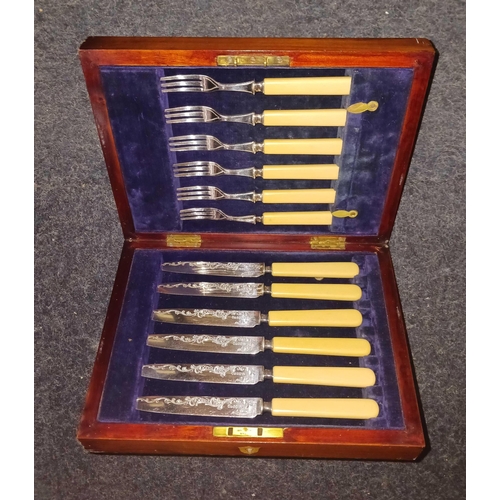 368 - MAHOGANY BOXED SET OF KNIVES & FORKS & A BOXED SET OF FISH KNIVES & FORKS