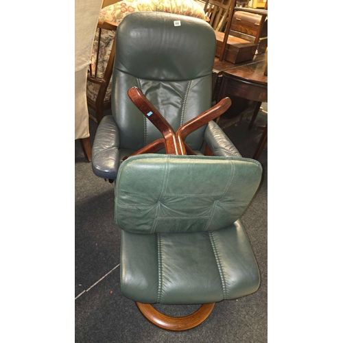 444 - GREEN LEATHER SWIVEL ARMCHAIR WITH MATCHING FOOTSTOOL BY EKORNES