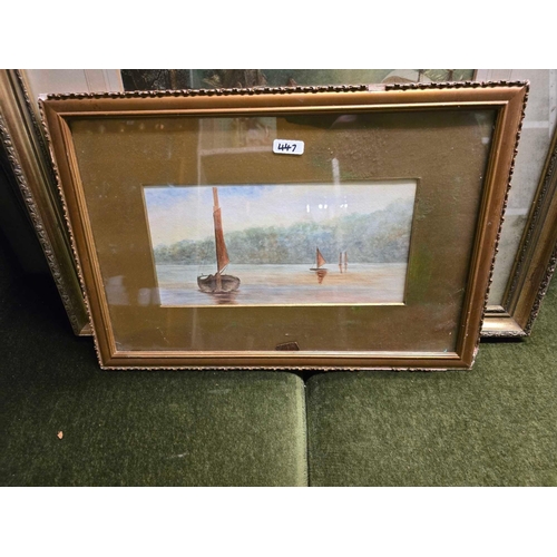 447 - 3 F/G PRINTS & 1 GILT FRAMED WATERCOLOUR OF BOATS