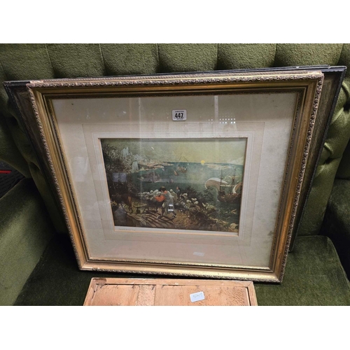 447 - 3 F/G PRINTS & 1 GILT FRAMED WATERCOLOUR OF BOATS