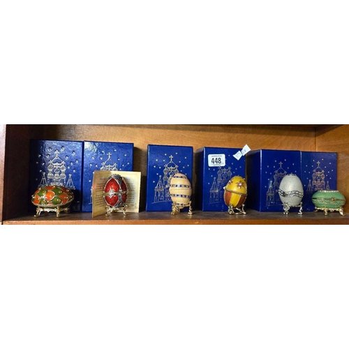 448 - 6 BOXED FABERGE EGGS ONE STAND A/F