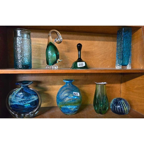 449 - 2 SHELVES OF GLASS VASES ETC