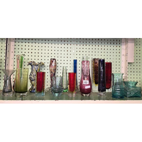 463 - SHELF OF GLASS VASES