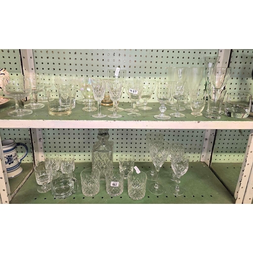 467 - 2 SHELVES OF GLASSWARE INCL; DECANTER & WHISKY TUMBLERS