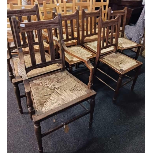 485 - 4 OAK STRING SEATED DINING CHAIRS WITH 2 MATCHING CARVERS