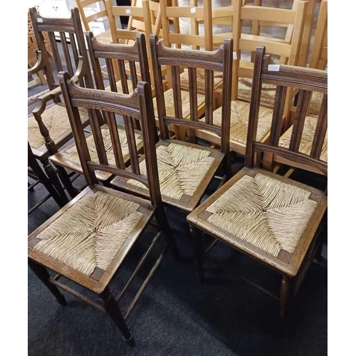 485 - 4 OAK STRING SEATED DINING CHAIRS WITH 2 MATCHING CARVERS