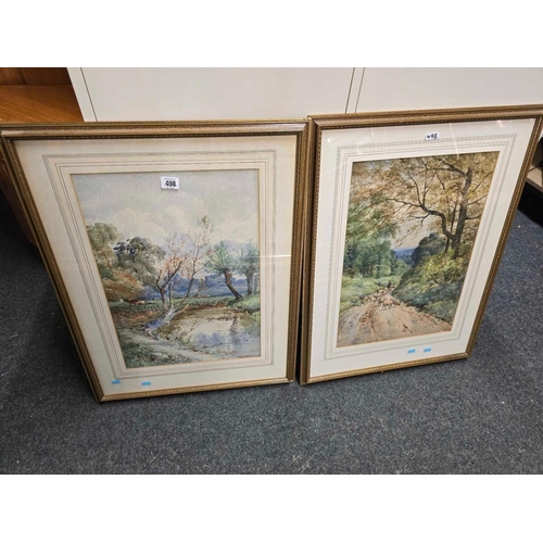 498 - PAIR OF GILT F/G WATERCOLOURS, 1 OF A STREAM & 1 OF SHEPHERD WITH SHEEP