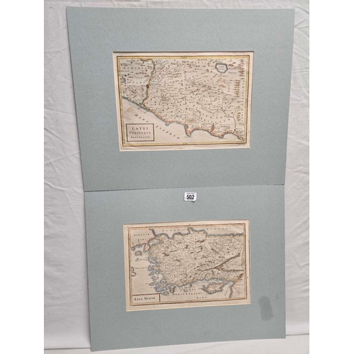 502 - A PAIR OF ANTIQUE HAND COLOURED MAPS OF TURKEY AND CYPRUS AND PART OF ITALY INCLUDING ROME. 17TH CEN... 