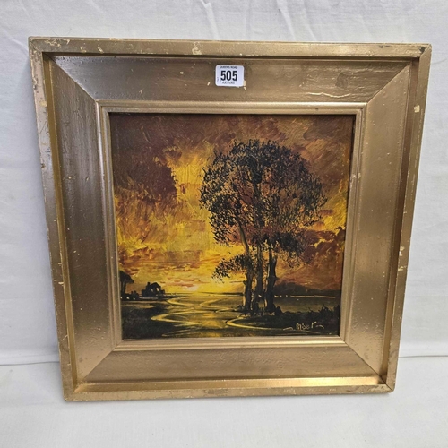 505 - OIL PAINTING ON CANVAS OF TREES IN A LANDSCAPE AT DUSK, SIGNED ALBER [GERMAN] 17 X 17''