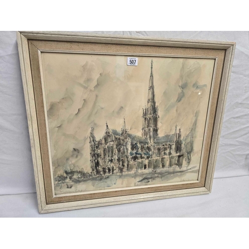 507 - ANTHONY JAMES, PEN, INK AND WATERCOLOUR VIEW OF SALISBURY CATHEDRAL, INSCRIBED & SIGNED 21 X 24''