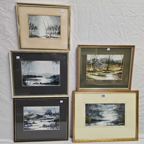 508 - REX JAMES; A GROUP OF 5 SIGNED WATERCOLOURS, ALL IN NEW FRAMES & MOUNTS, BEING LANDSCAPES WITH TITLE... 