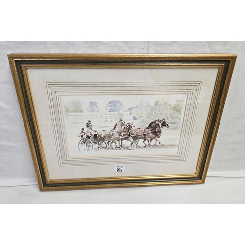 517 - KENNETH WYNN. CARRIAGE DRIVING WITH A TEAM OF 4 HORSES. SIGNED WATERCOLOUR 14'' X 18''