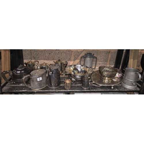 69 - SHELF OF MISC PLATEDWARE & A PEWTER TANKARD