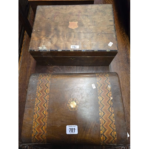 781 - 2 INLAID JEWELLERY BOXES & A MODERN BOX OF PLAYING CARDS WITH DICE