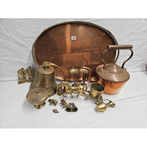 793 - LARGE COPPER TRAY, TEAPOT BRONZE ITEMS ETC