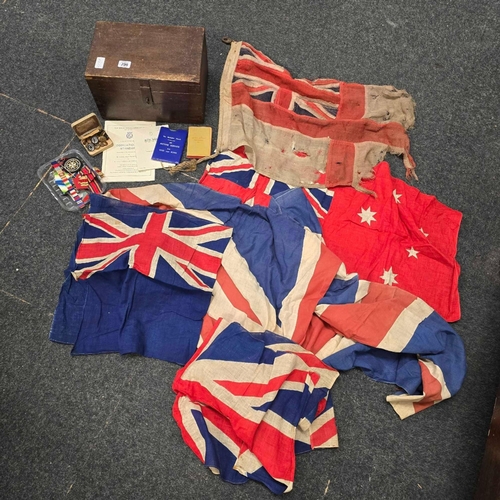 799 - WOODEN BOX WITH MISC UNION FLAGS, OLD MEDAL RIBBONS, ST JOHN'S AMBULANCE BRIGADE BADGES, NAVAL BUTTO... 