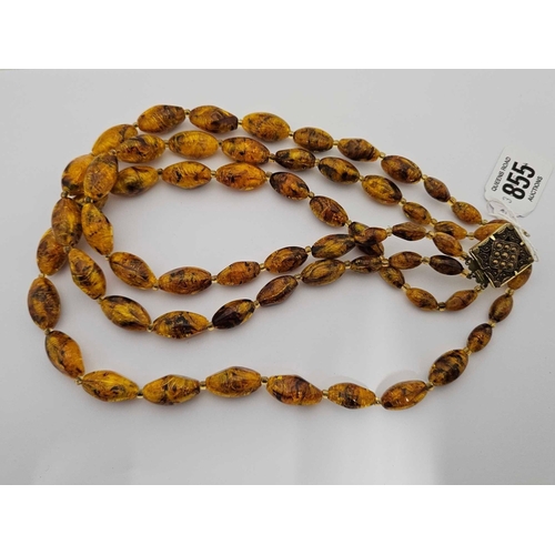 855 - AMBER COLOURED 3 ROW BEAD NECKLACE