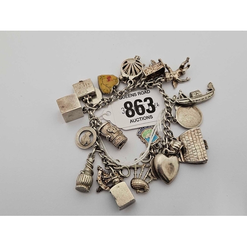 863 - HEAVY SILVER CHARM BRACELET, 69g