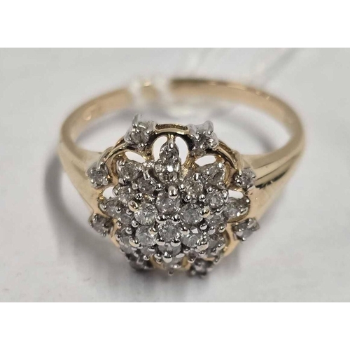 888 - 14ct GOLD MULTI STONE DIAMOND CLUSTER RING, 0.38 ct, SIZE 'L', 2.8g