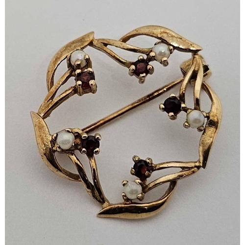 927 - 9ct GOLD GARNET & PEARL BROOCH, 2g