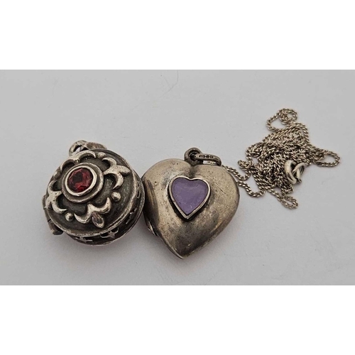 928 - SILVER HEART LOCKET & CHAIN & SILVER GARNET SET LOCKET