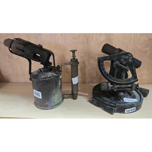 1045 - OLD BRASS BLOW LAMP & A WD MARKED THEODOLITE IN A/F CONDITION