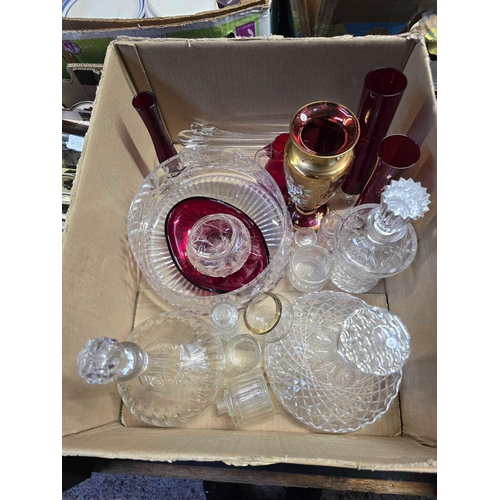 106 - CARTON OF GOOD CRYSTAL & RED GLASS INCL; DECANTERS