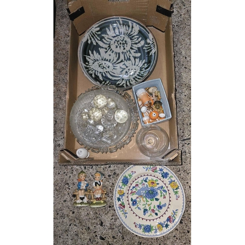 120 - CARTON WITH MISC GLASSWARE, DECANTER STOPPERS & OTHER CHINA