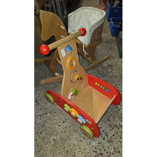 159 - CHILD'S WOODEN PUSH ALONG NOVELTY TOY BY HAPE & A SMALL ROCKING CHAIR HORSE BY MOULIN ROTY