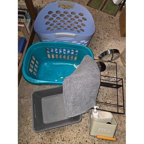 174 - 2 LAUNDRY BASKETS WITH MISC TRAYS, SMALL RUG, A PEG BOX & A SHAVING MIRROR