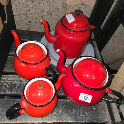 18 - RED ENAMEL TEA POTS (3), RED ENAMEL KETTLE & A DINNER PLATE