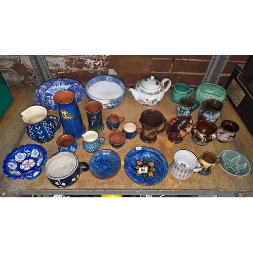 186 - SHELF WITH QTY OF TORQUAY POTTERY, STUDIO GLASS, TEA POT & BOWLS