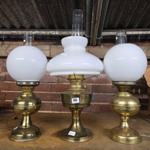 190 - 3 BRASS ALADDIN OIL LAMPS WITH CHIMNEYS & SHADES