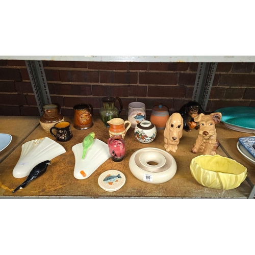 191 - SHELF WITH MISC POTTERY INCL; SILVAC FIGURES OF DOGS, CLARICE CLIFF POSY BOWL, SILVAC CHIMPANZEE & O... 