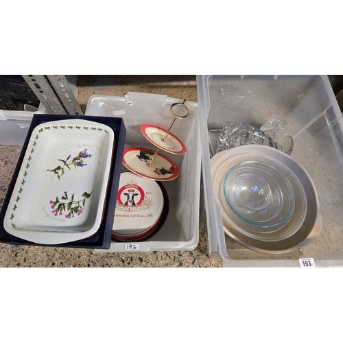 193 - 2 CARTONS OF MISC TINS, ANCHOR, SANDWICH STAND, MISC COOKING BOWLS & A BOXED CHINA DISH