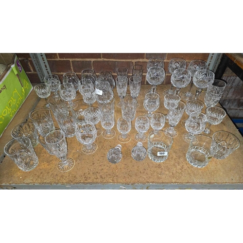 195 - SHELF OF MISC CUT GLASS WINE & WHISKY GLASSES & 2 DECANTER STOPPERS