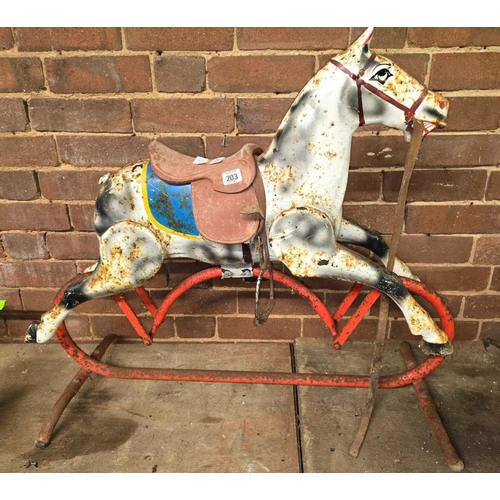 203 - SMALL METAL CHILD'S ROCKING HORSE, RUSTY CONDITION