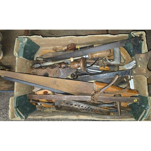 204 - CARTON WITH MISC VINTAGE HAND TOOLS INCL; A BUTCHERS & A PANEL SAW