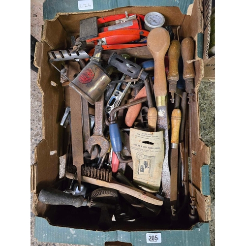 205 - CARTON OF MISC HAND TOOLS, SCREW DRIVERS, WRENCHES & A BLOW LAMP