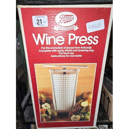 21 - BOOTS HOME WINE MAKING WINE PRESS IN BOX, APPEARS TO BE NEW