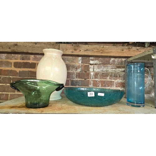 217 - LARGE GLASS BOWL, WATER JUG, VASE & A ART WARE TALL VASE BY TRENTHAM