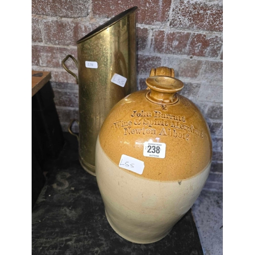 238 - BRASS 2 HANDLED COAL HOD & A STONE GLAZED FLAGON TO JOHN BARRATT WINE & SPIRIT MERCHANT, NEWTON ABBO... 