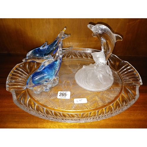 265 - GLASS DRESSING TABLE TRAY DEPICTING DEER'S & GLASS DOLPHIN'S