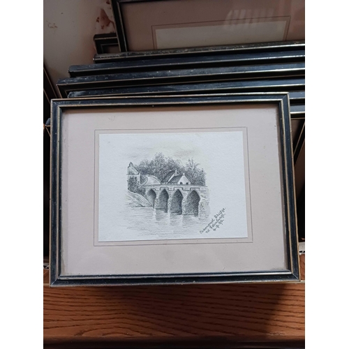 281 - BOX CONTAINING A QTY OF FRAMED PENCIL DRAWINGS