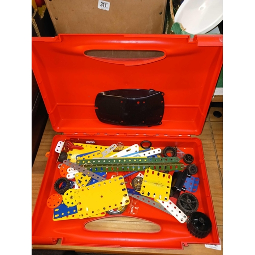 312 - 3 RED MECCANO PLASTIC BRIEFCASES & CONTENTS & 5 YELLOW METAL MECCANO BOXES & CONTENTS