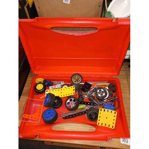 312 - 3 RED MECCANO PLASTIC BRIEFCASES & CONTENTS & 5 YELLOW METAL MECCANO BOXES & CONTENTS