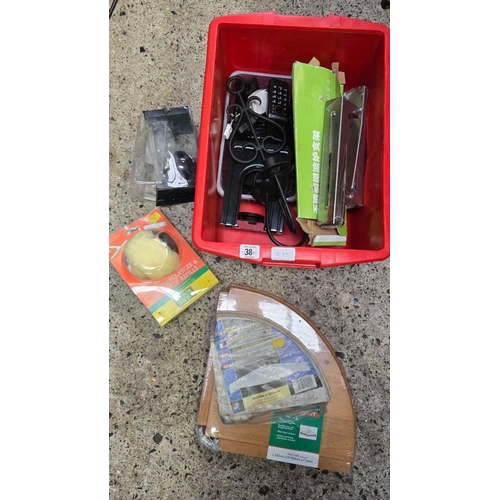 38 - CARTON WITH OLD TELEPHONES, CORNER SHELF BRACKETS, METAL CANDLE HOLDERS & OTHER BRIC-A-BRAC