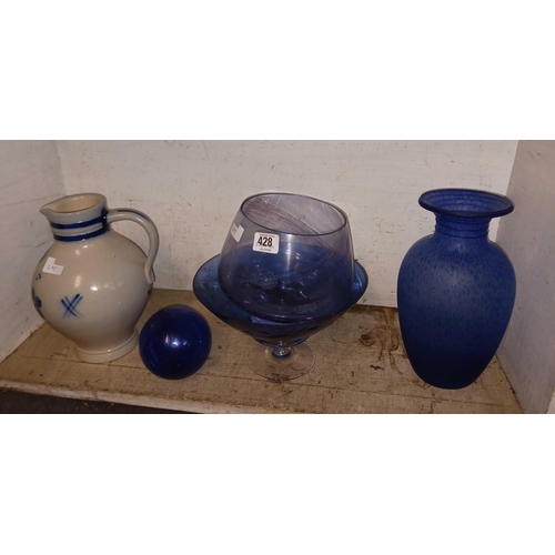 428 - STUDIO POTTERY JUG, DESIGNER GLASS BOWL & A BLUE FISHING FLOAT & BLUE GLASSWARE