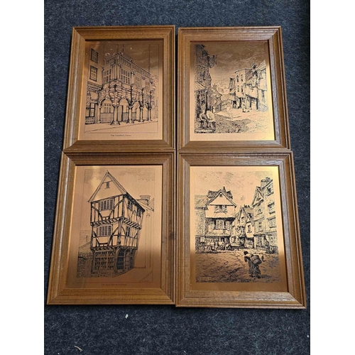 449 - COPPER FRAMED PICTURE OF A HORSE & CART & 4 CREAM COPPER PICTURES OF EXETER